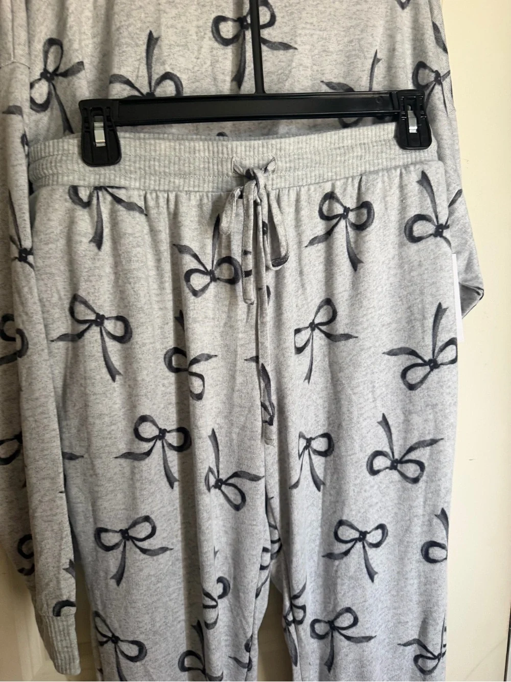 Joyspun womens cozy lounge hack knit sleep Gray Bow Print Pajama Set coquette M